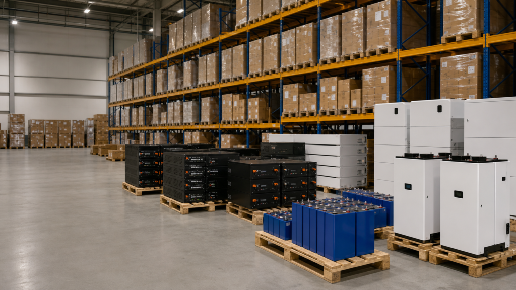 EU warehouse with battery products prepared for distribution