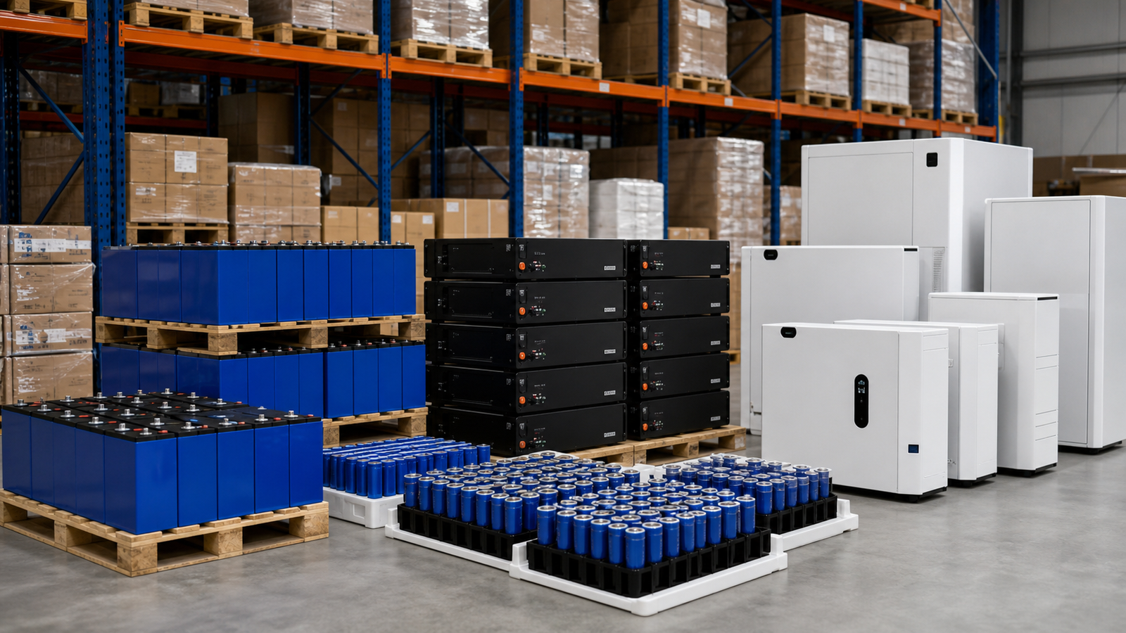 Illustrative wholesale LiFePO4 battery stock in a warehouse