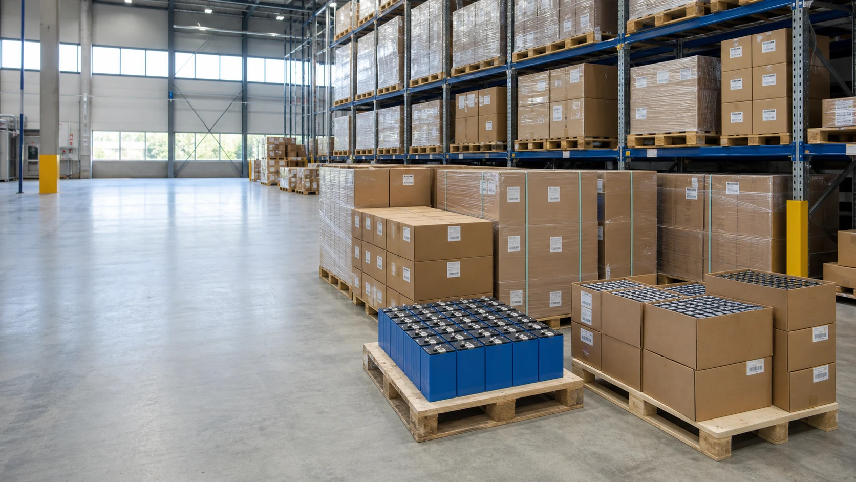 Palletized LiFePO4 prismatic cells and cylindrical battery cell cartons in a European warehouse