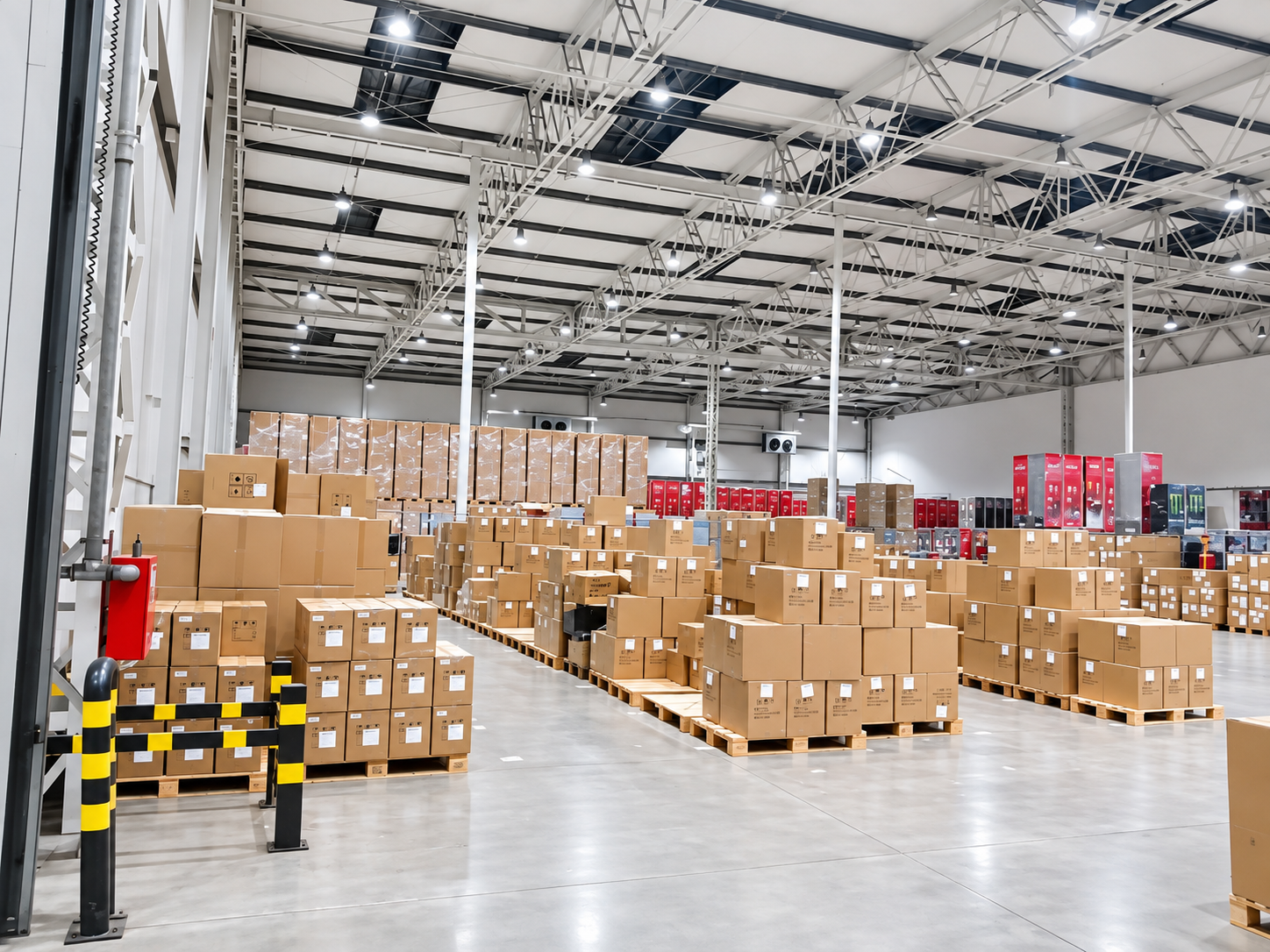 Warehouse interior with palletized cartons