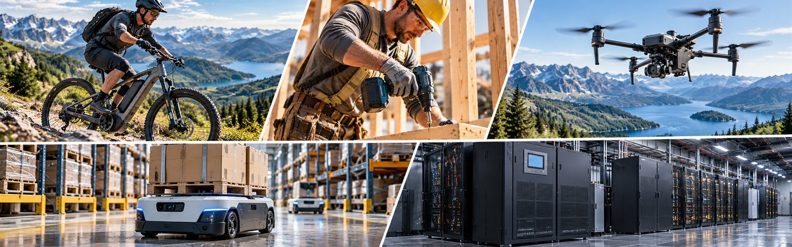 Illustrative collage of battery-powered applications: e-bike, power tools, drone, warehouse robot and data-center backup