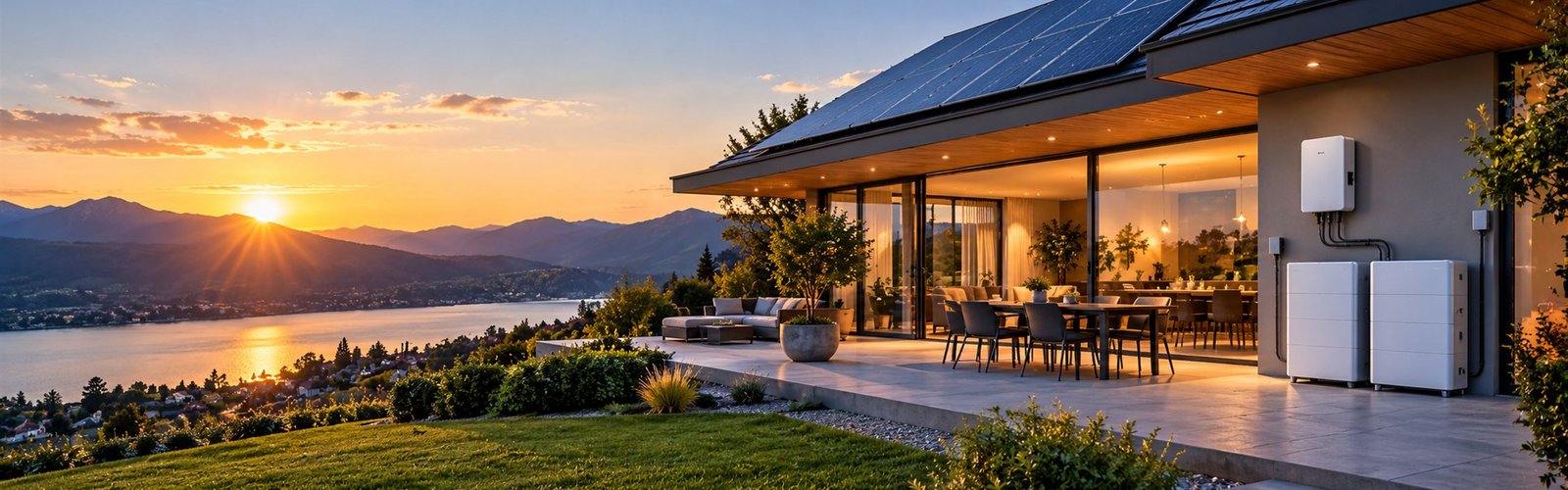 Solar-powered home with residential battery storage at sunset — illustrative application scene